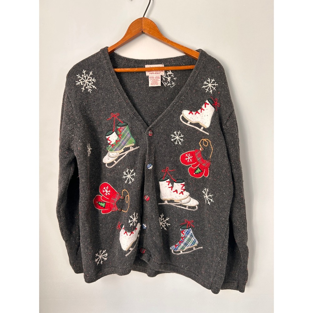 Basic Editions Holiday Vintage Ice Skate Mitten Christmas Cardigan Sweater XL